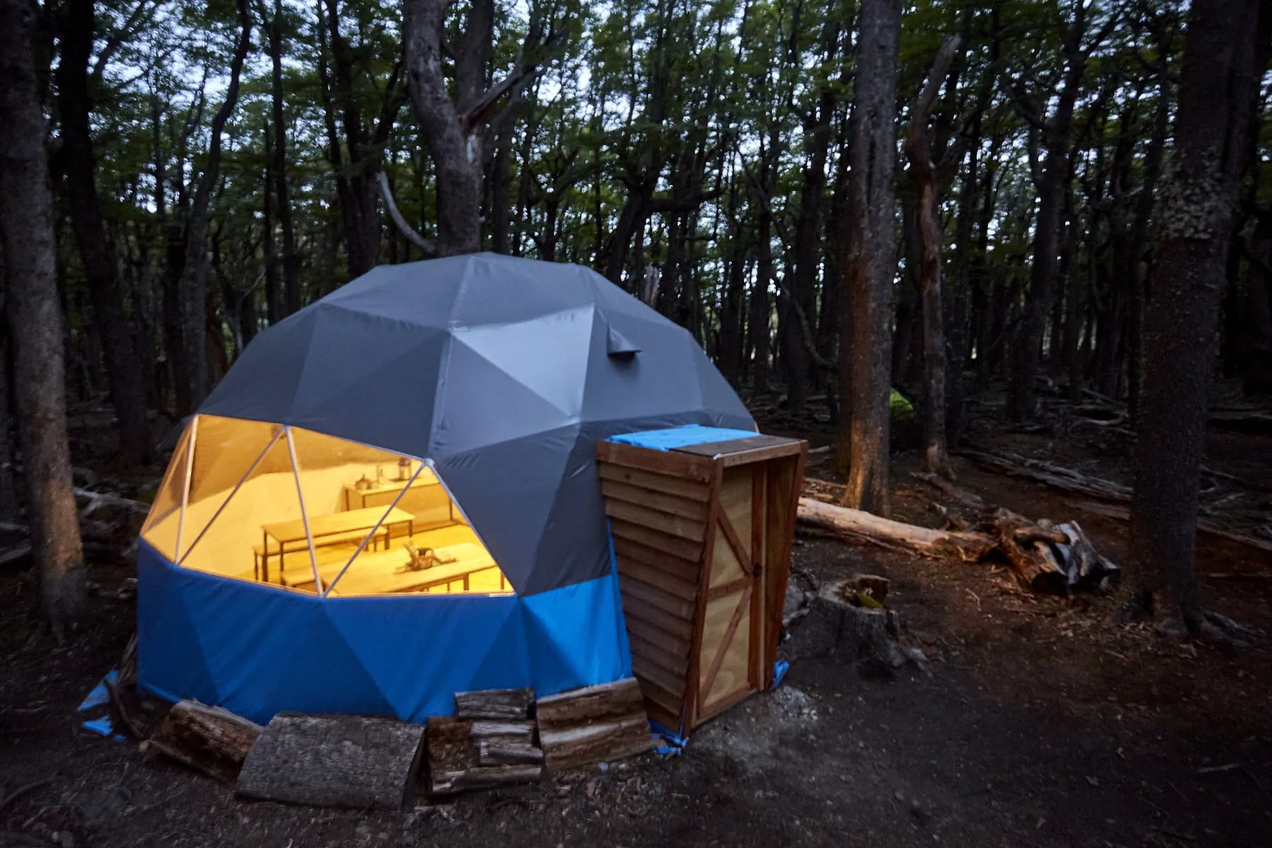 The Camp Poincenot dome at dusk, among the lenga trees