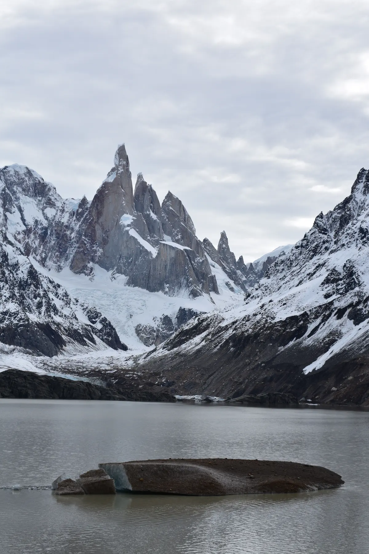 Laguna Torre on an overcast day, with fresh snow