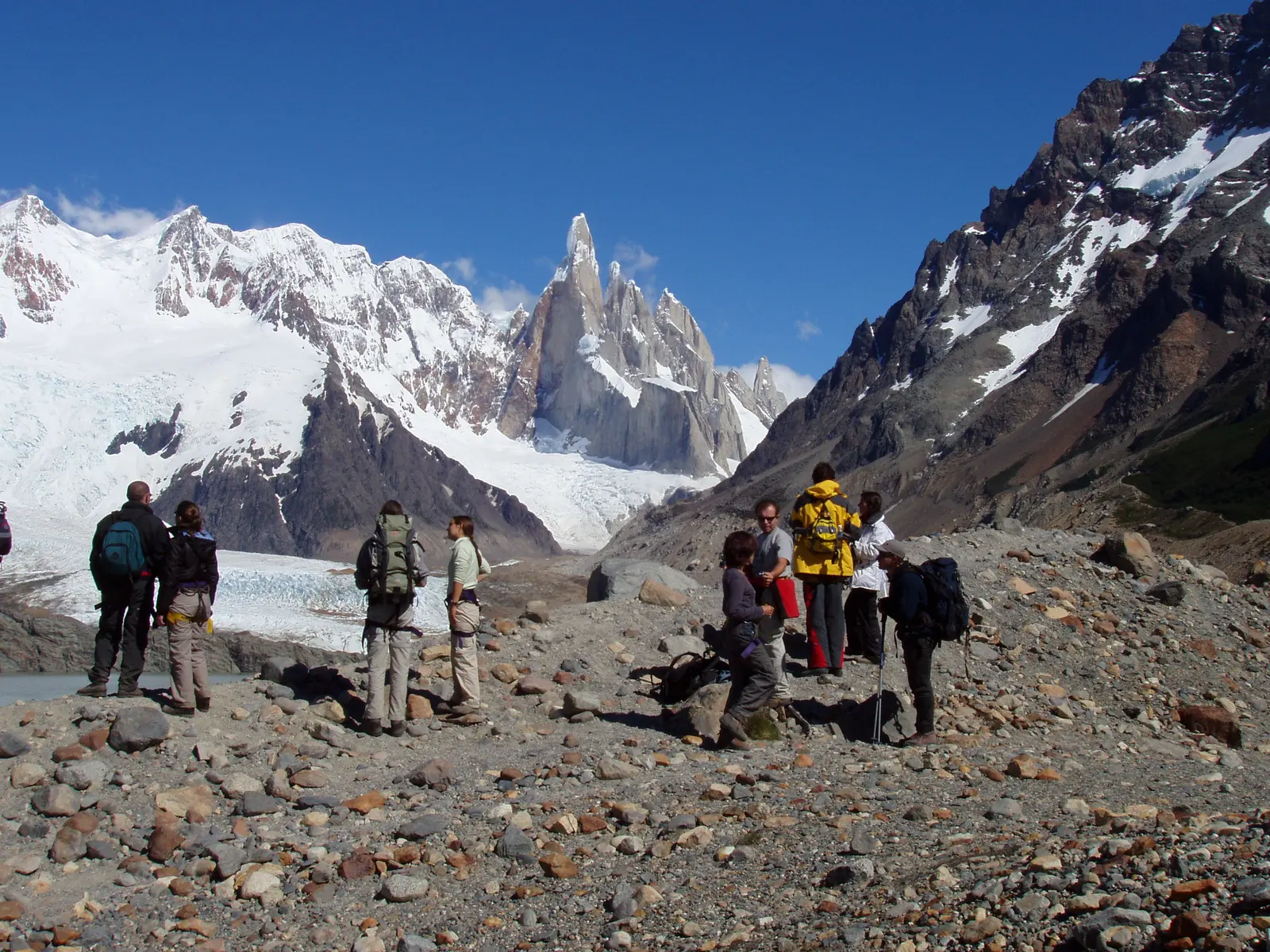 A group on the moraine, with Cerro Torre behind