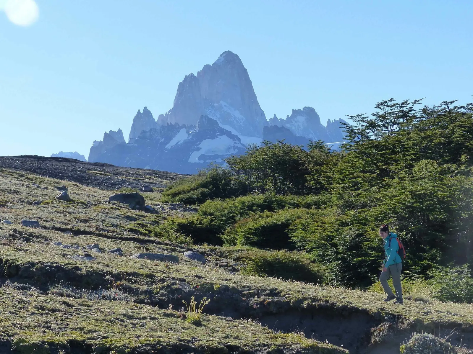 Climbing toward Pliegue Tumbado, with Fitz Roy behind